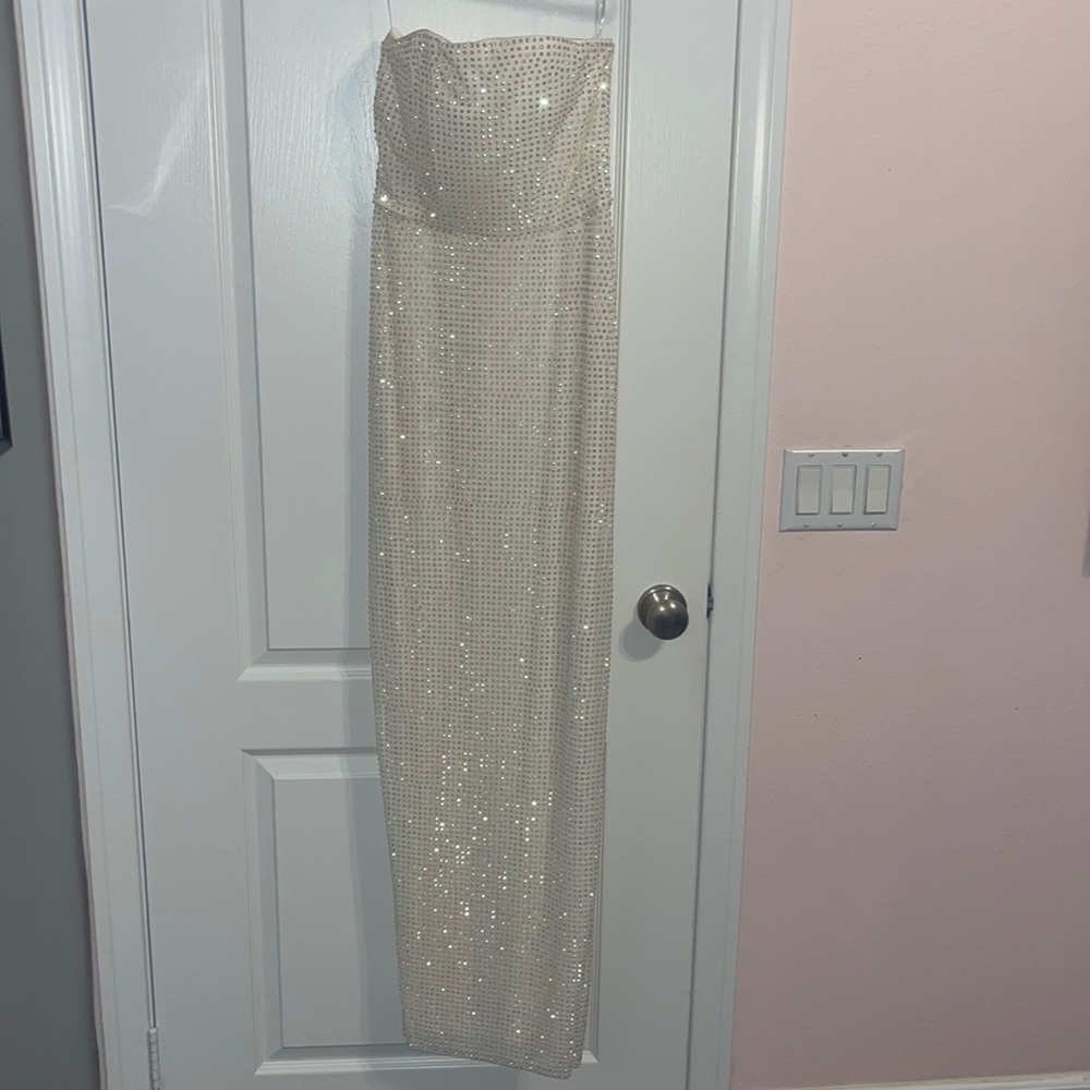 Embellished Strapless Evening Gown in Ivory